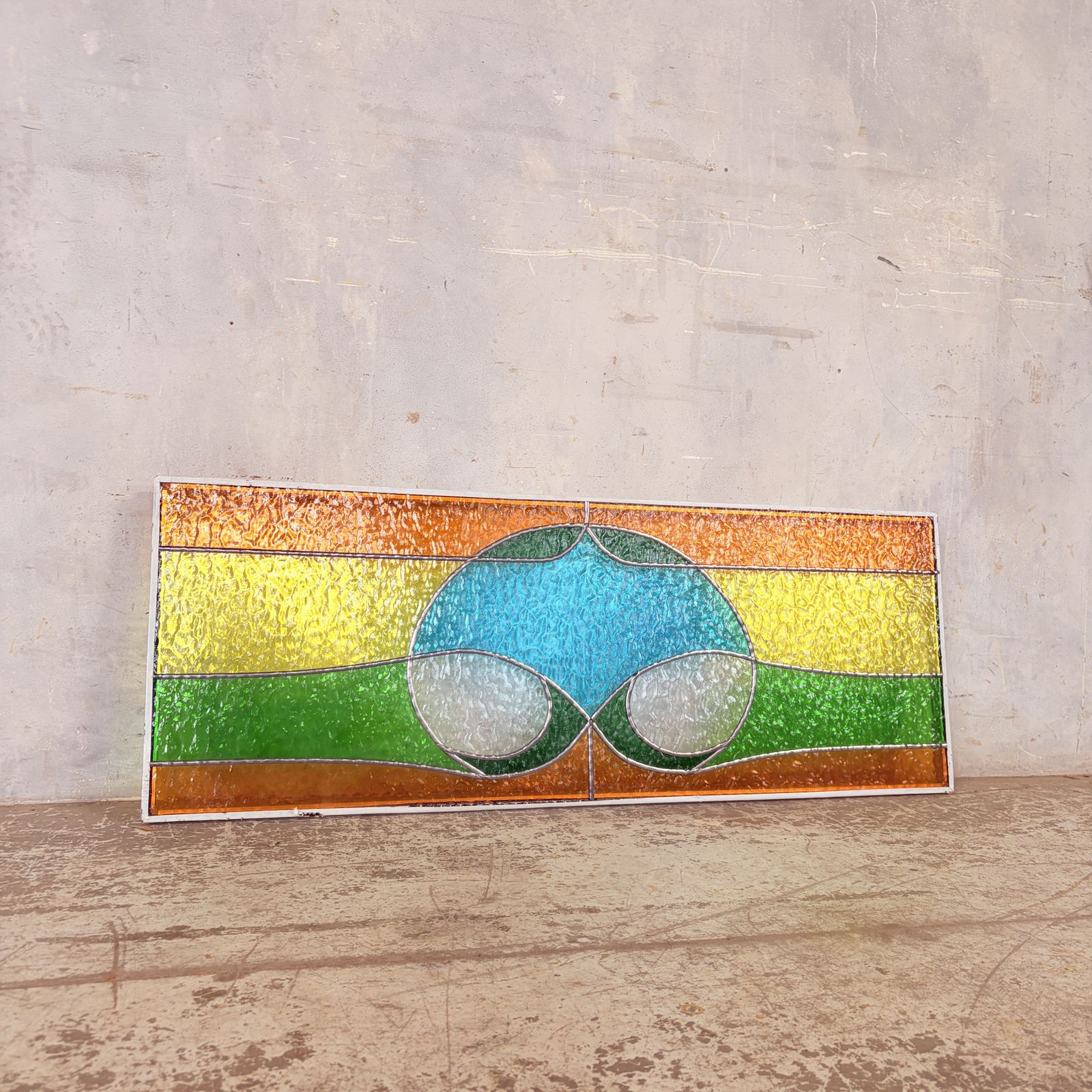 1950s Abstract Vibrant Stained Glass Leaded Window Panel photo vinterior