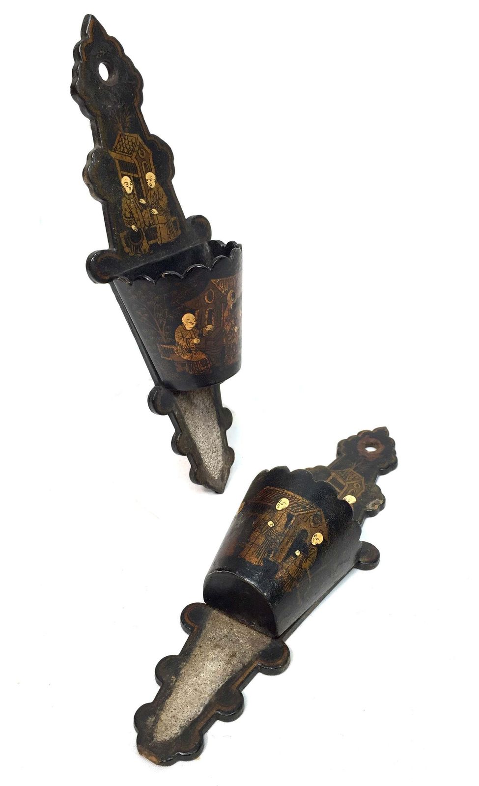 Antique Chinoiserie Paper Mache Lacquered Wall Match Stick Holder Striker 1800s photo for sale