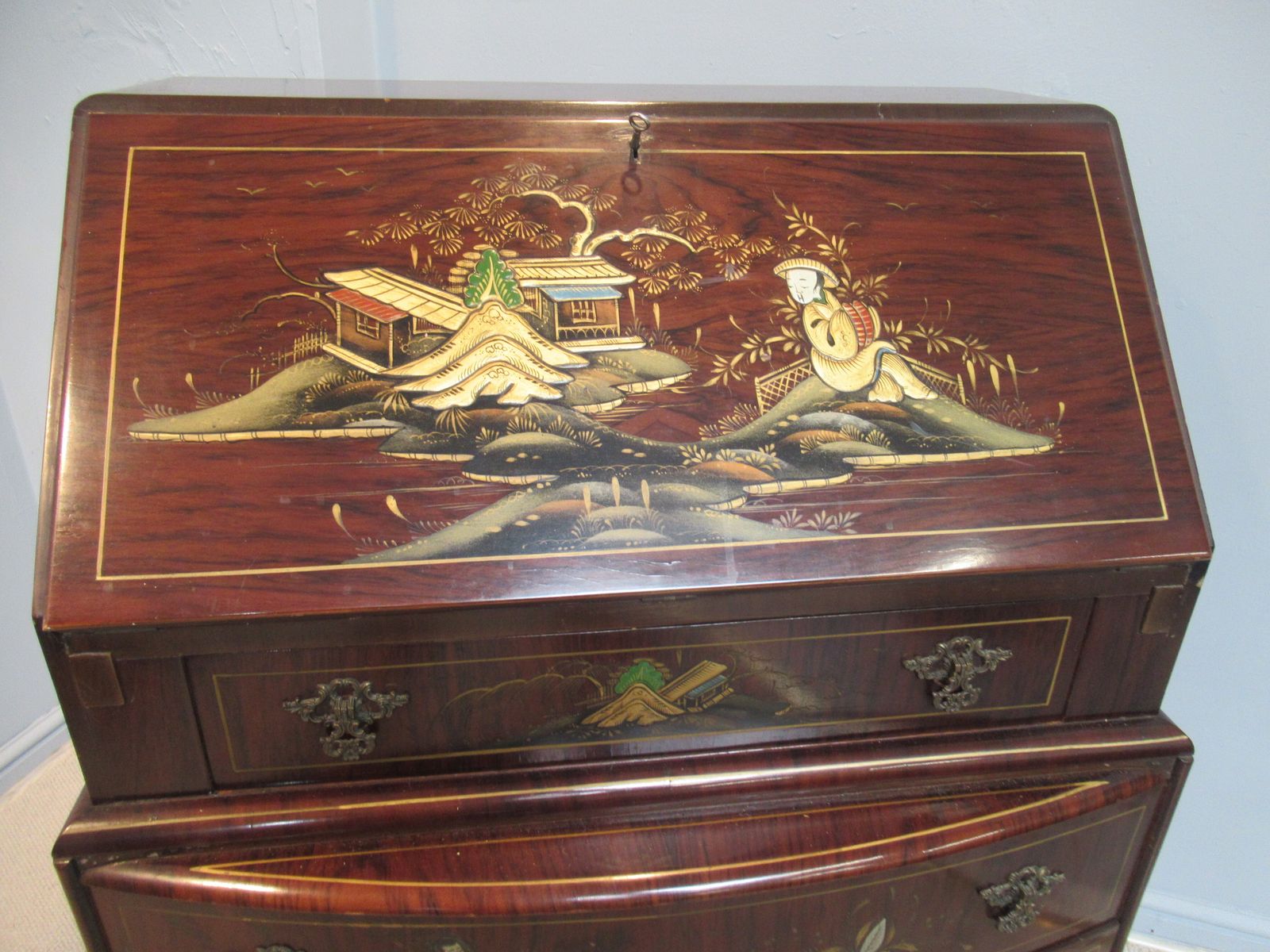 Walnut Writing  Bureau   With Chinoiserie   Decoration photo Furniture