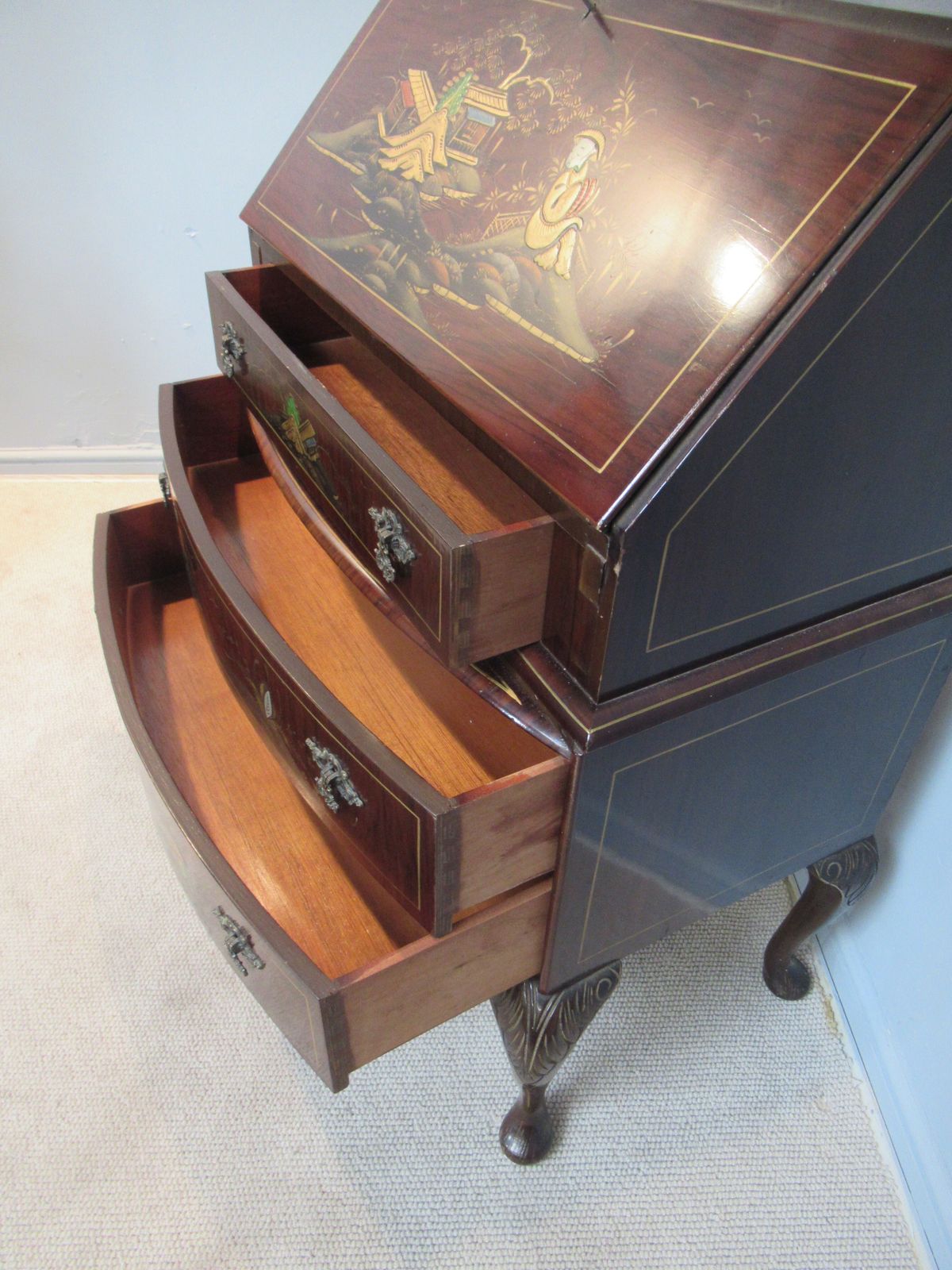 Walnut Writing  Bureau   With Chinoiserie   Decoration photo vintage