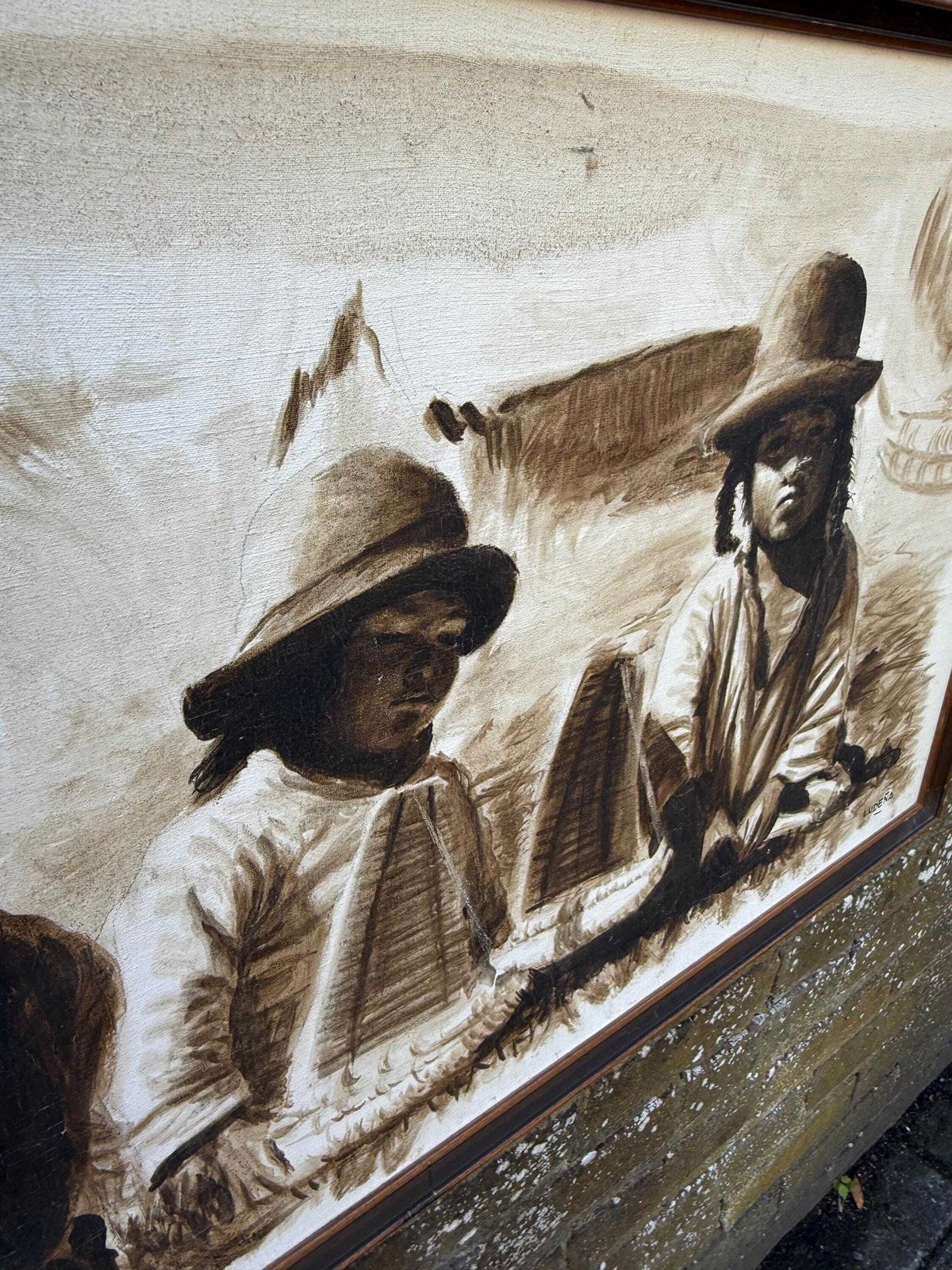 photo vinterior Large Vintage Signed Oil Painting Of Andean Children, South American Folk Art