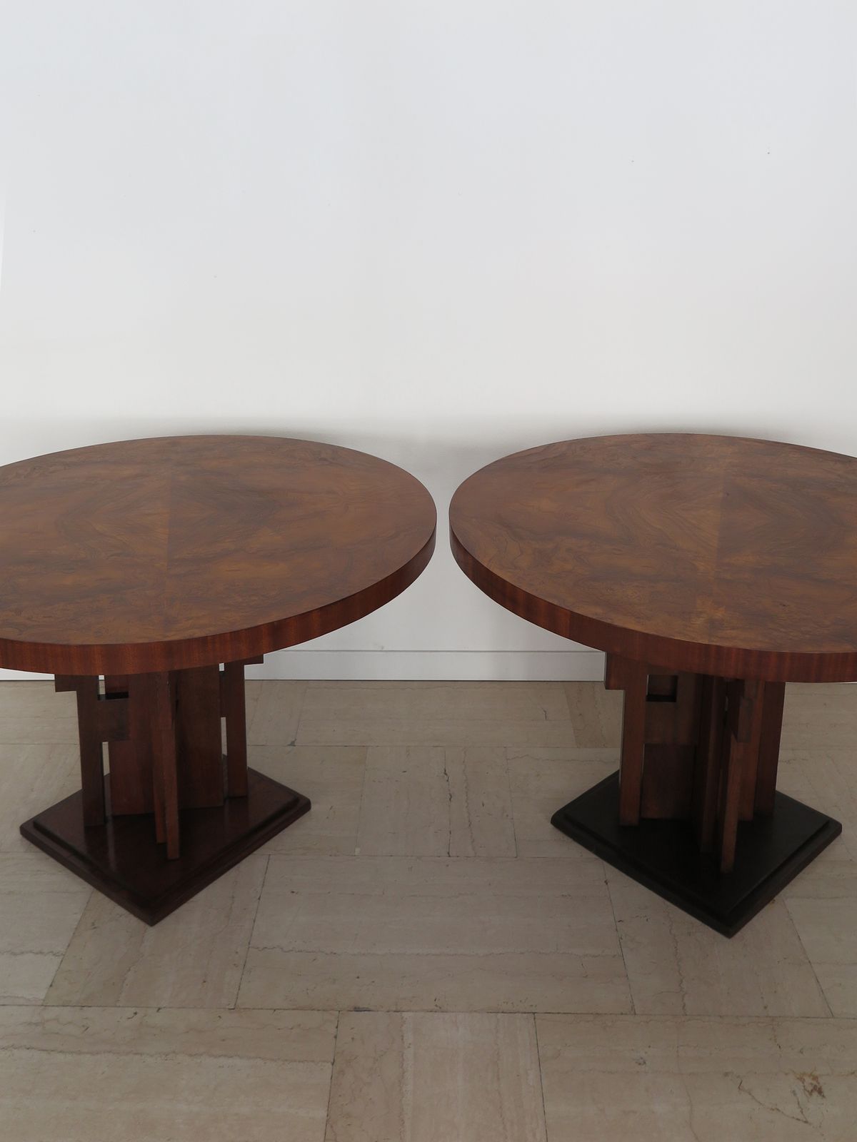 Couple Of  Burl Wood Tables Or Gueridon Art Decò With Sculptural Legs, Italy 1930s photo furniture
