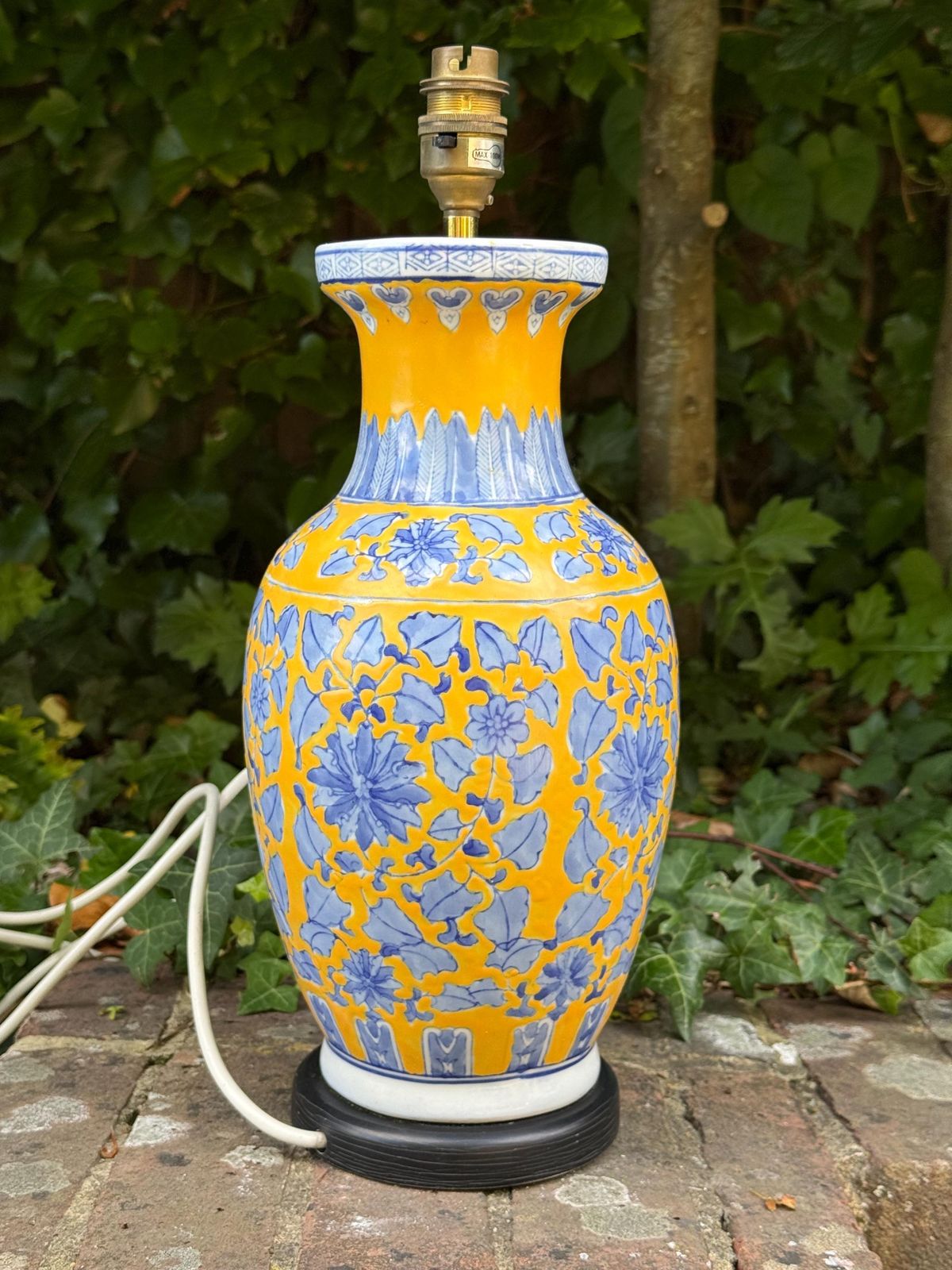 Large Vintage Chinoiserie Ceramic Table Lamp Blue And Yellow Floral Vase   Working And Tested, 48cm Tall photo vintage