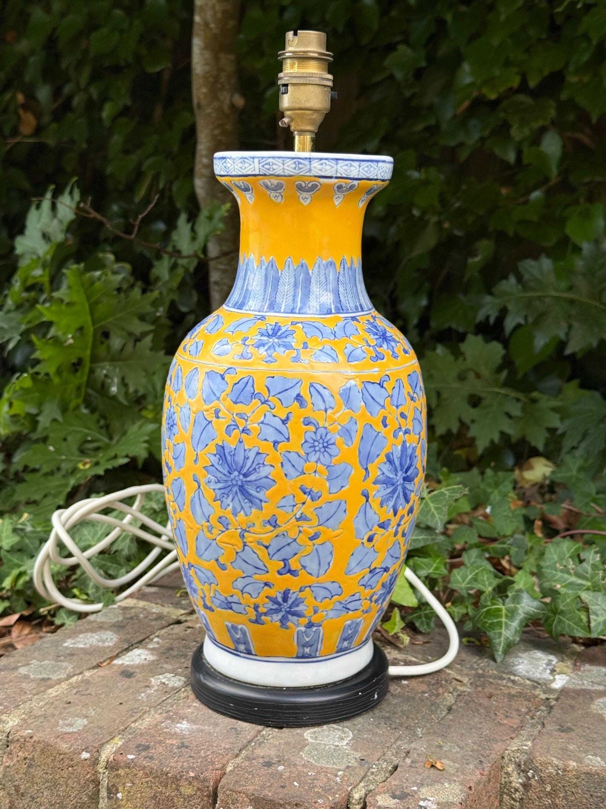 Lighting Large Vintage Chinoiserie Ceramic Table Lamp Blue And Yellow Floral Vase   Working And Tested, 48cm Tall photo