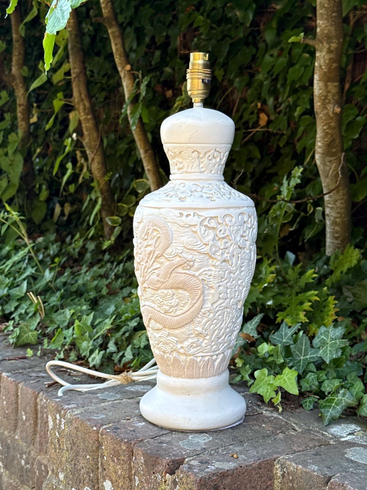 Large Vintage Oriental Dragon Relief Table Lamp Chalk Painted Statement Piece   Working And Tested 46cm Tall photo vintage