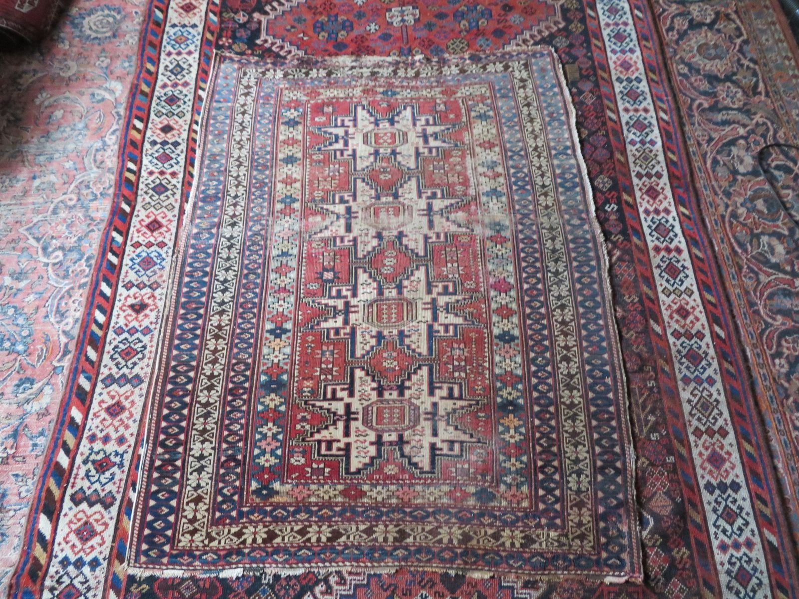 249.0 Distressed Antique Caucasian Daghestan Rug. 132cm X 102cm photo