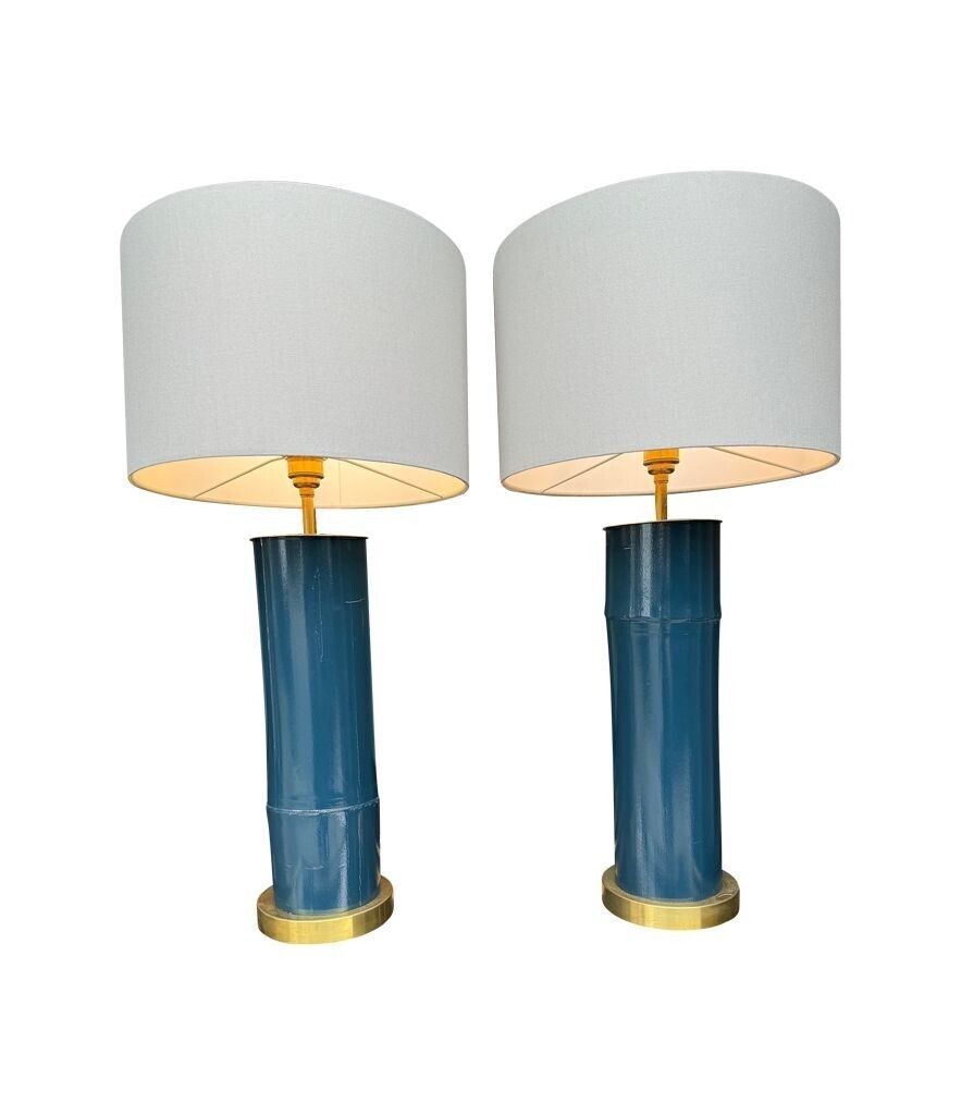 A Pair Of Petrol Blue Lacquered Bamboo And Brass Lamps photo buy