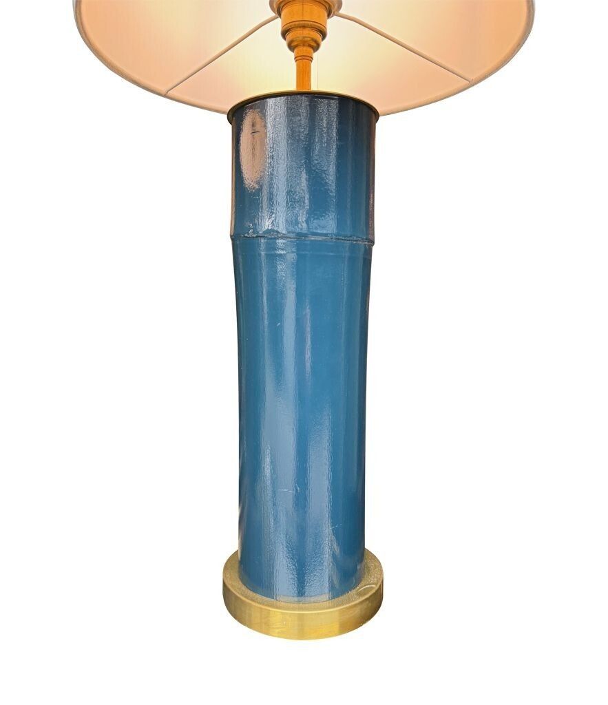 A Pair Of Petrol Blue Lacquered Bamboo And Brass Lamps photo vintage