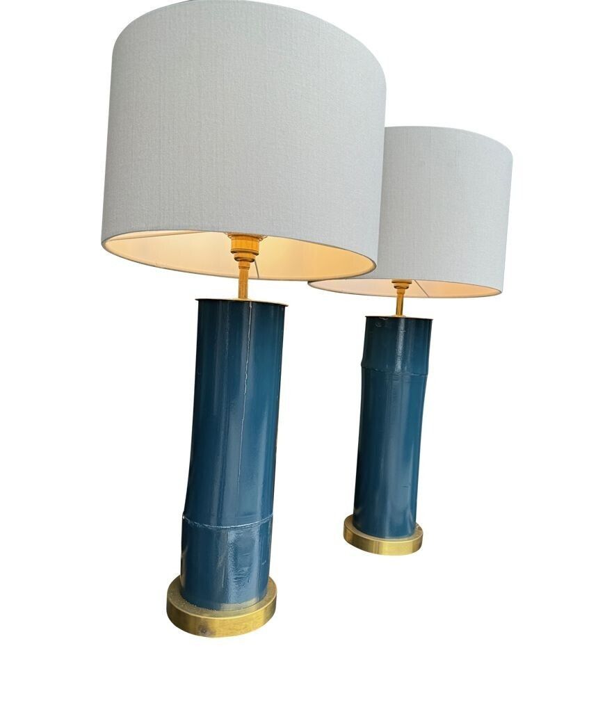photo for sale A Pair Of Petrol Blue Lacquered Bamboo And Brass Lamps