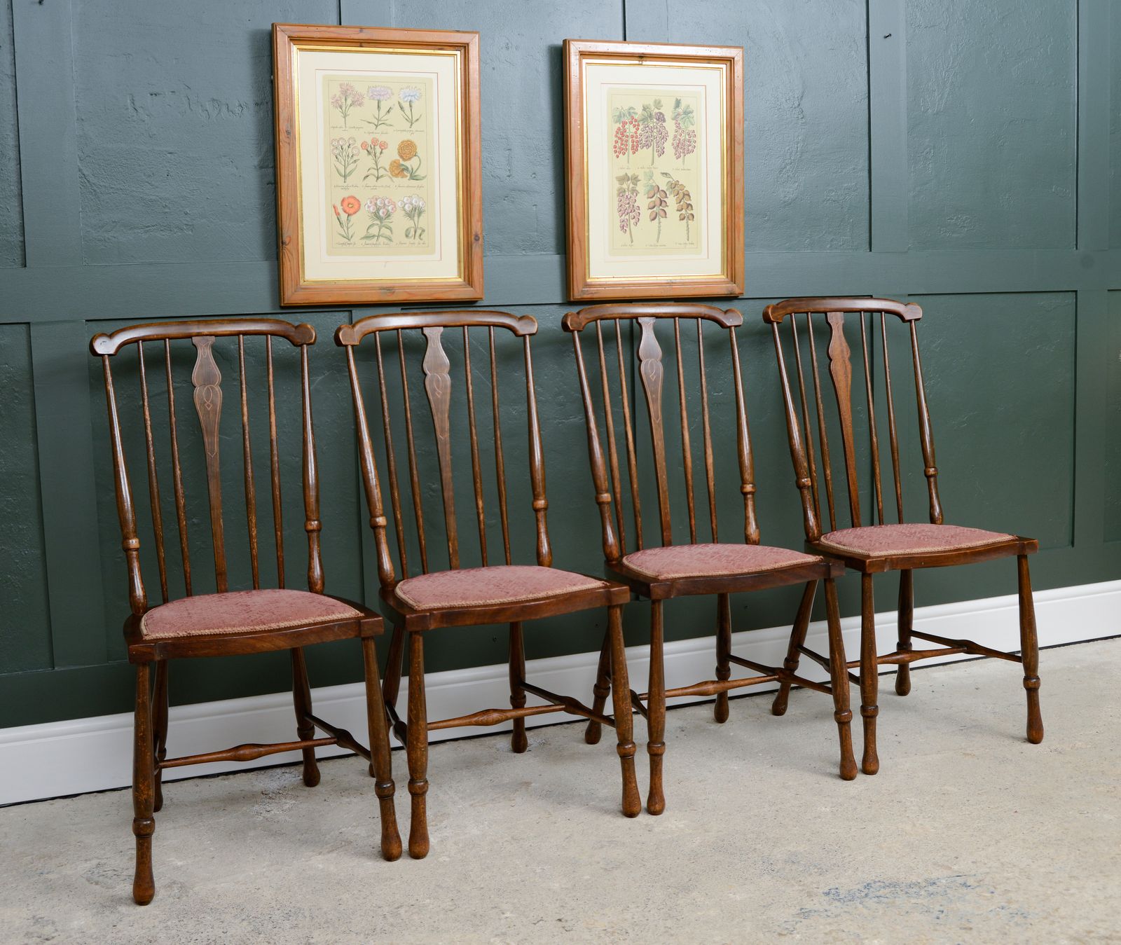 4 Edwardian Stick Splat Back Chairs With Dusky Pink Seats   Sku 208
