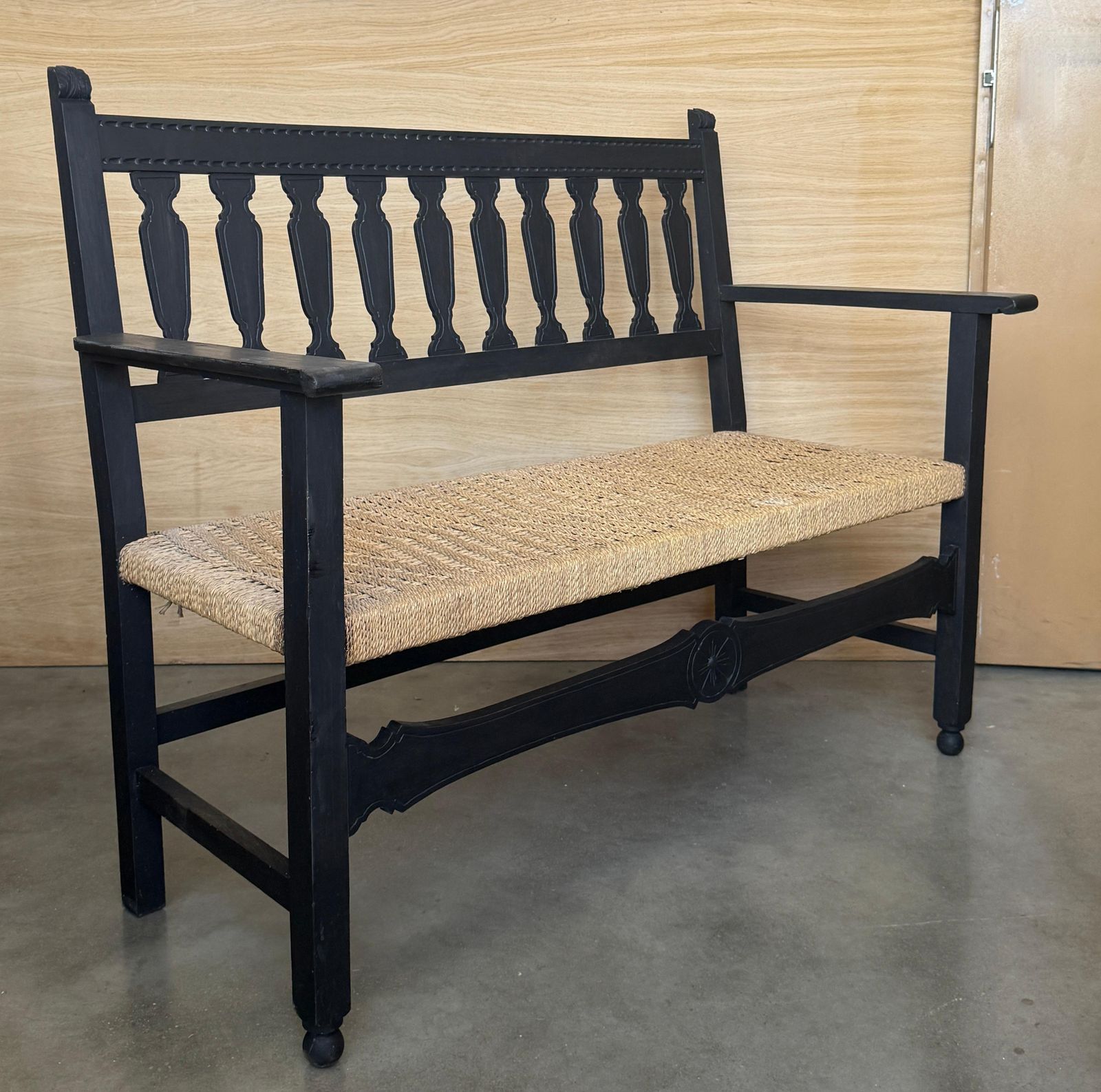 Spanish Wooden Bench With Arms And Handwoven Seat photo Furniture