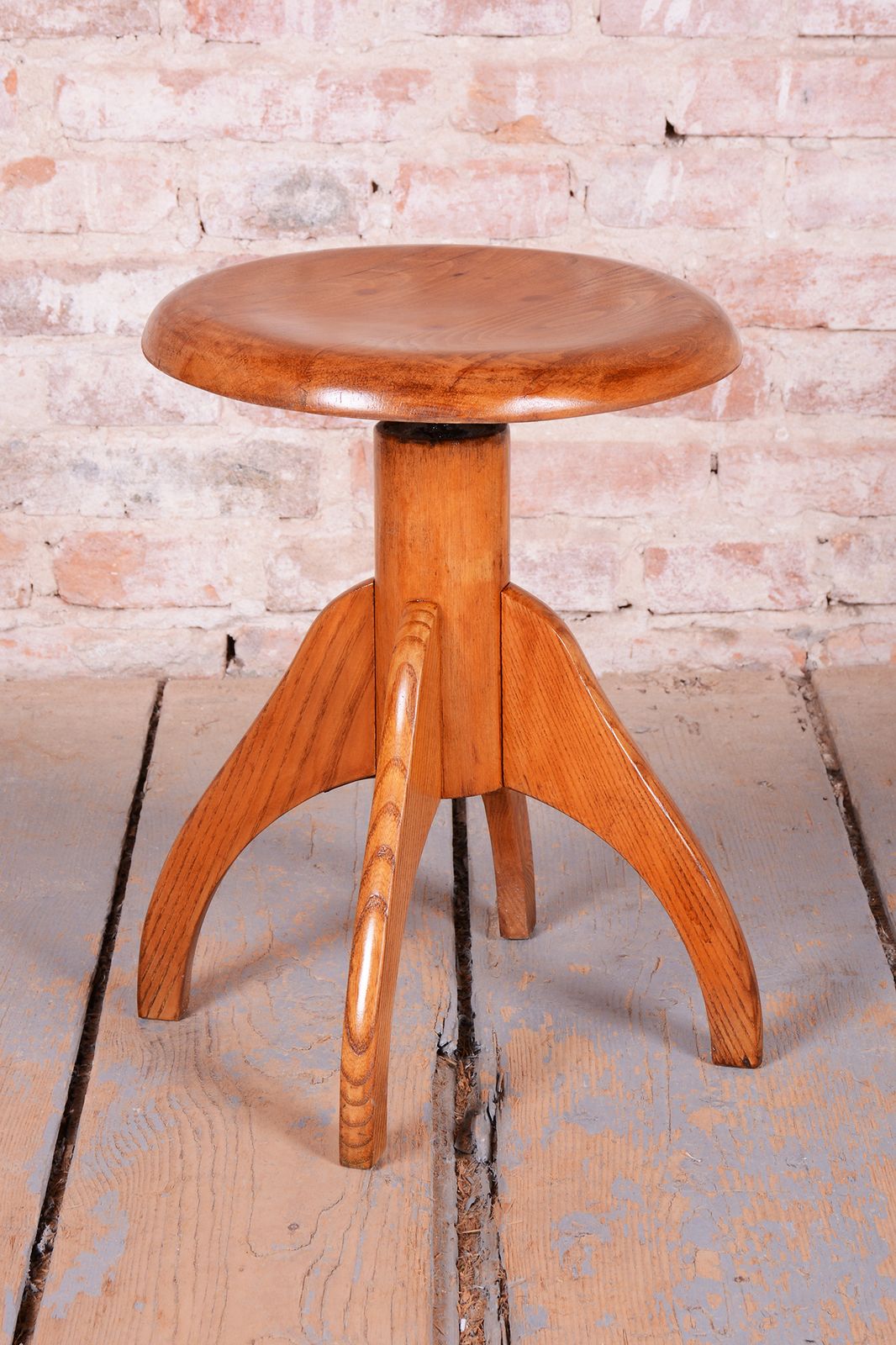 Original Mid Century Swivel Piano Stool, Beech, Steel, Repolished, Czech, 1950s photo for sale
