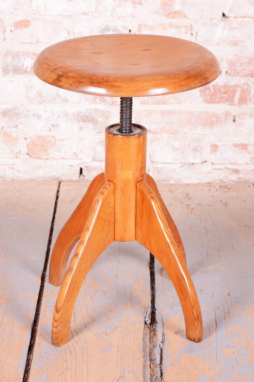 Original Mid Century Swivel Piano Stool, Beech, Steel, Repolished, Czech, 1950s photo vintage
