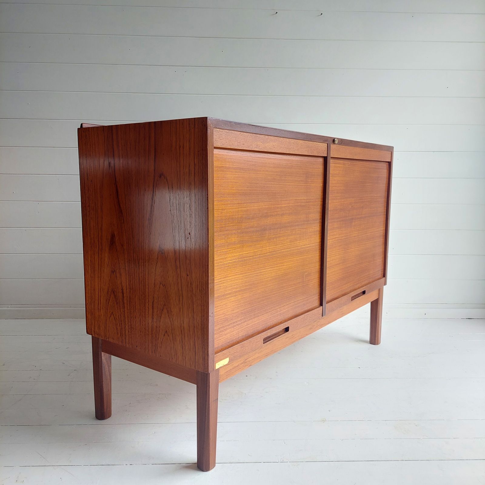 Mid Century Teak Sideboard Tambour Shutter 2 Door Cabinet, Denmark 60s 70s photo buy