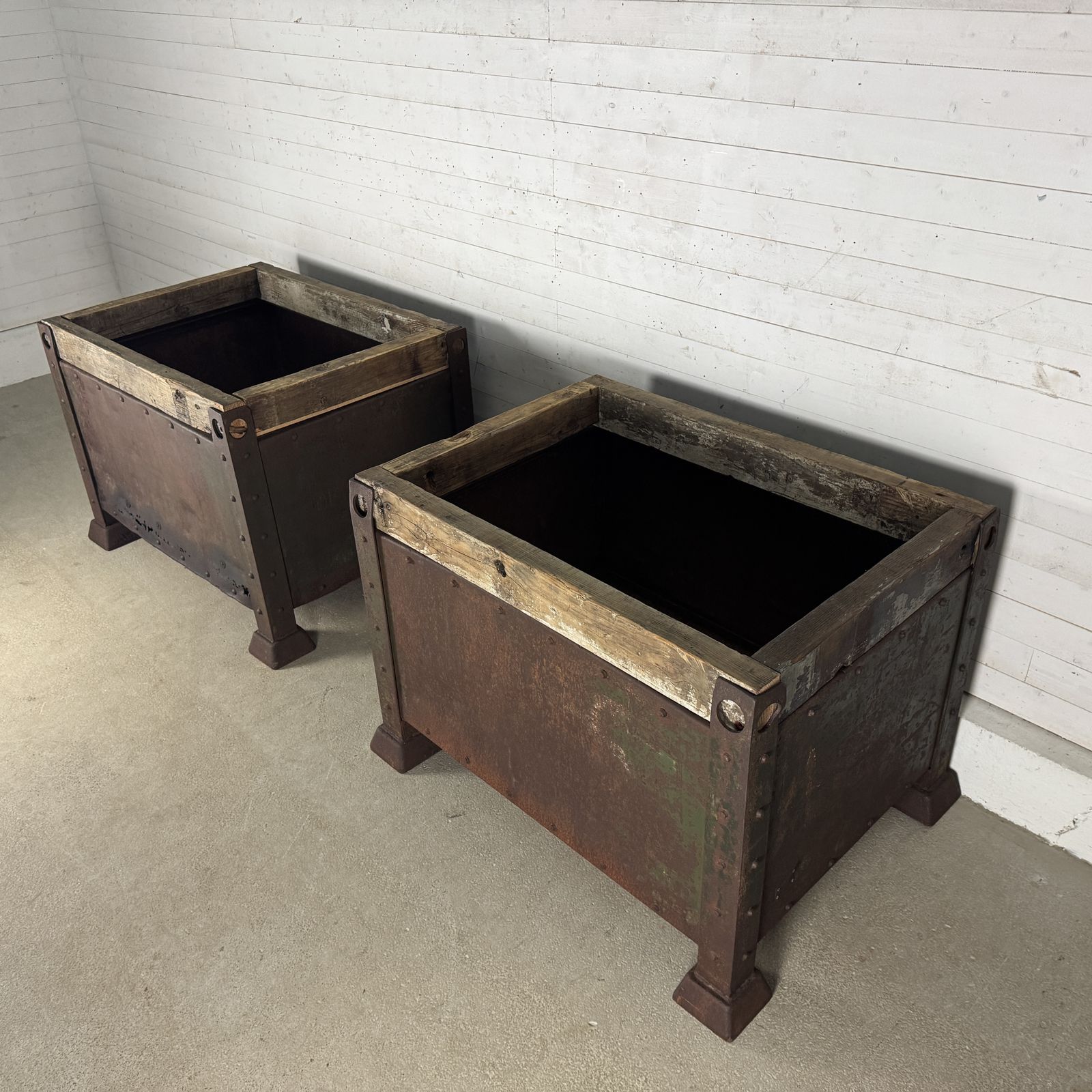 Pair Of Antique Industrial Steel Planters With Reclaimed Wood Tops photo for sale