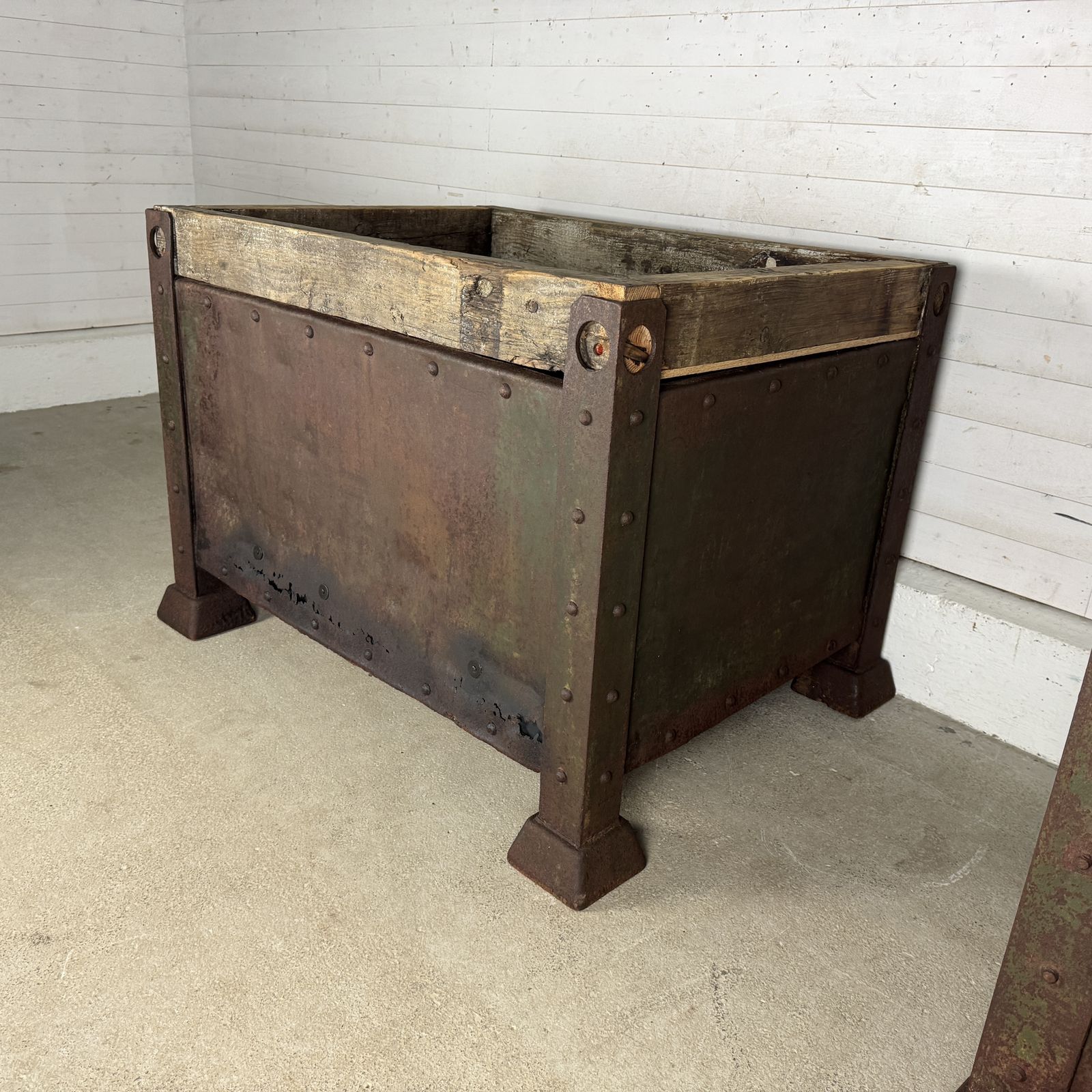 Pair Of Antique Industrial Steel Planters With Reclaimed Wood Tops photo Home Fixtures