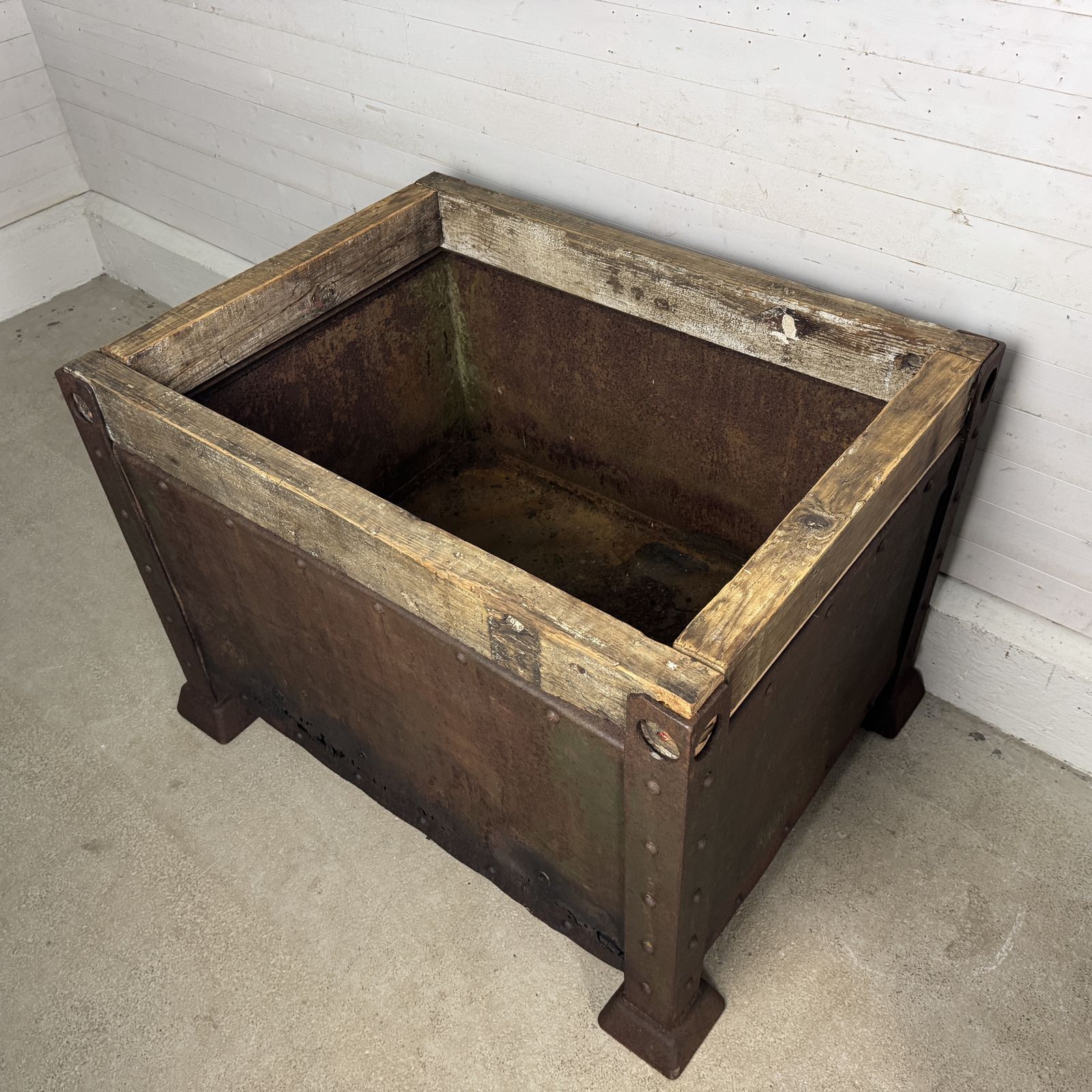 Pair Of Antique Industrial Steel Planters With Reclaimed Wood Tops photo buy