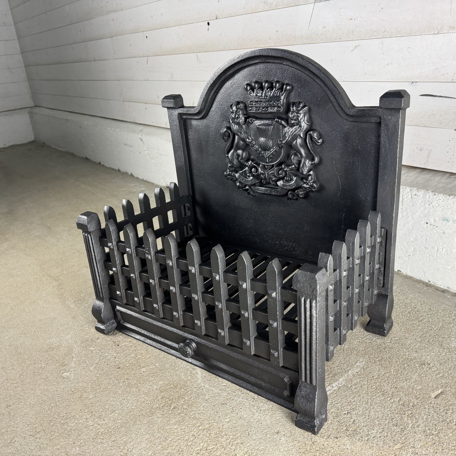 Reclaimed Cast Iron Fire Basket With Back And Ash Pan Cover