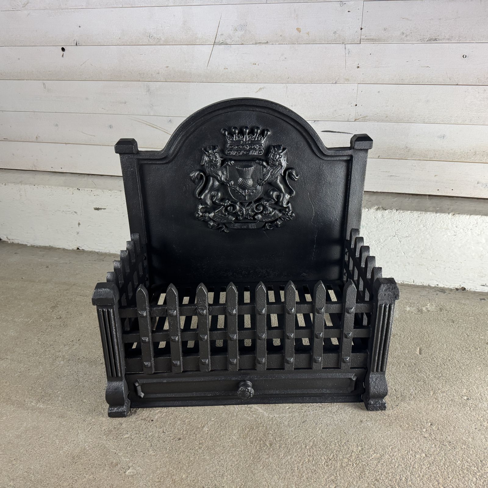 Reclaimed Cast Iron Fire Basket With Back And Ash Pan Cover photo for sale