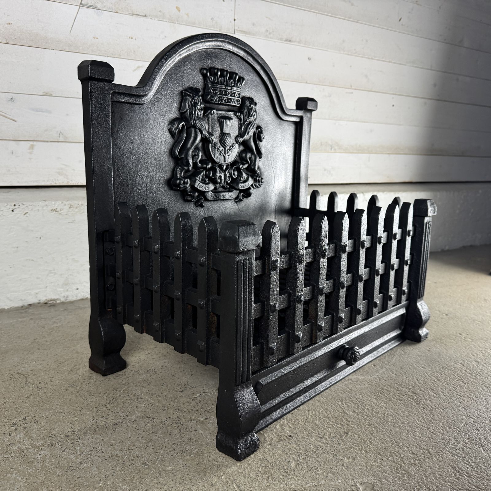 Reclaimed Cast Iron Fire Basket With Back And Ash Pan Cover photo vintage