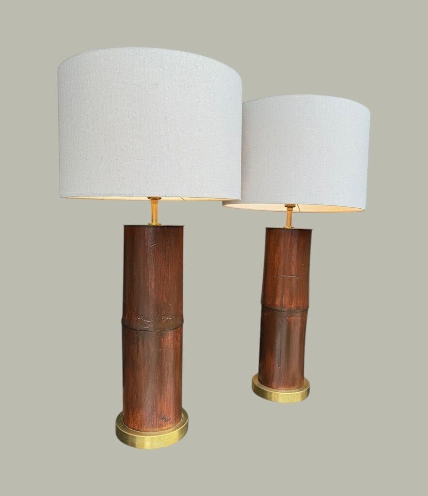 A Pair Of Ivory Lacquered Real Bamboo And Brass Lamps With Bespoke Linen Shades photo furniture