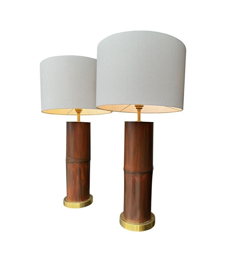 A Pair Of Ivory Lacquered Real Bamboo And Brass Lamps With Bespoke Linen Shades photo vinterior
