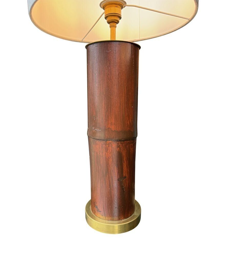 photo vintage A Pair Of Ivory Lacquered Real Bamboo And Brass Lamps With Bespoke Linen Shades