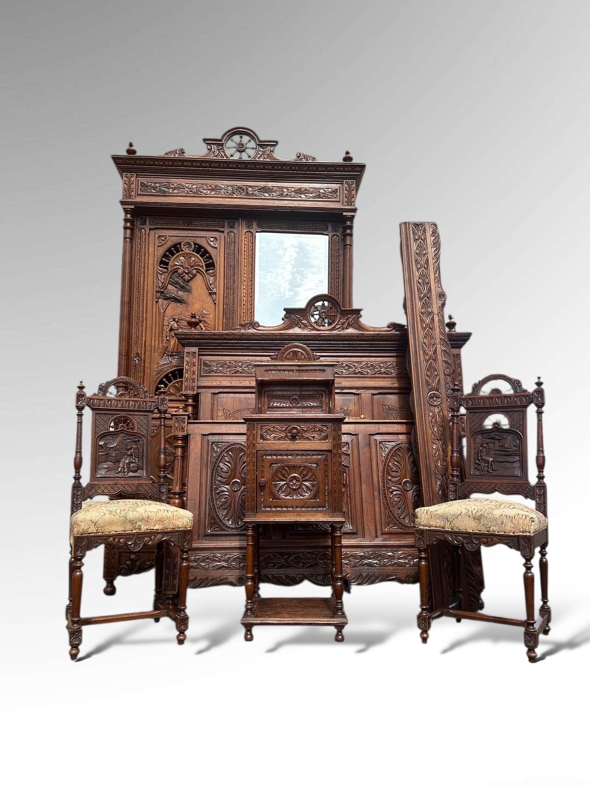 Antique French Breton Carved Bedroom Suite