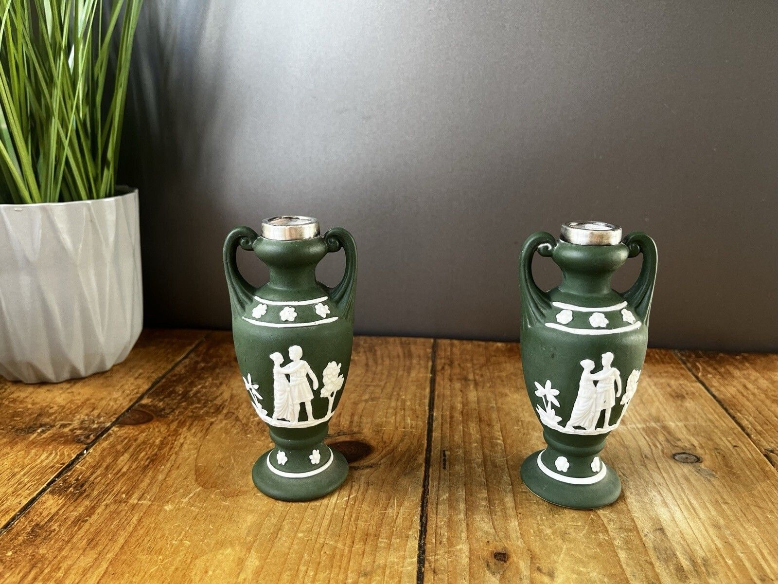Pair Of Antique Schafer & Vater Sterling Silver Collar Jasperware Bud Vases Urns photo furniture