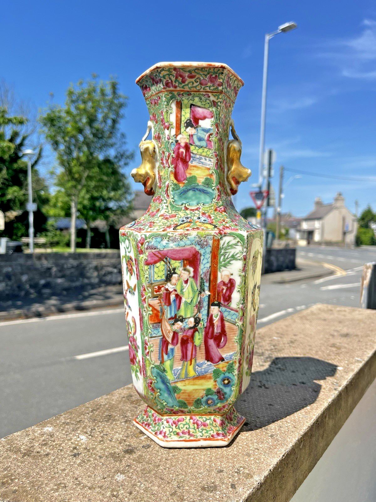 Antique Chinese Famille Rose Hexagonal Vase Figural Bird Butterfly Court Scenes