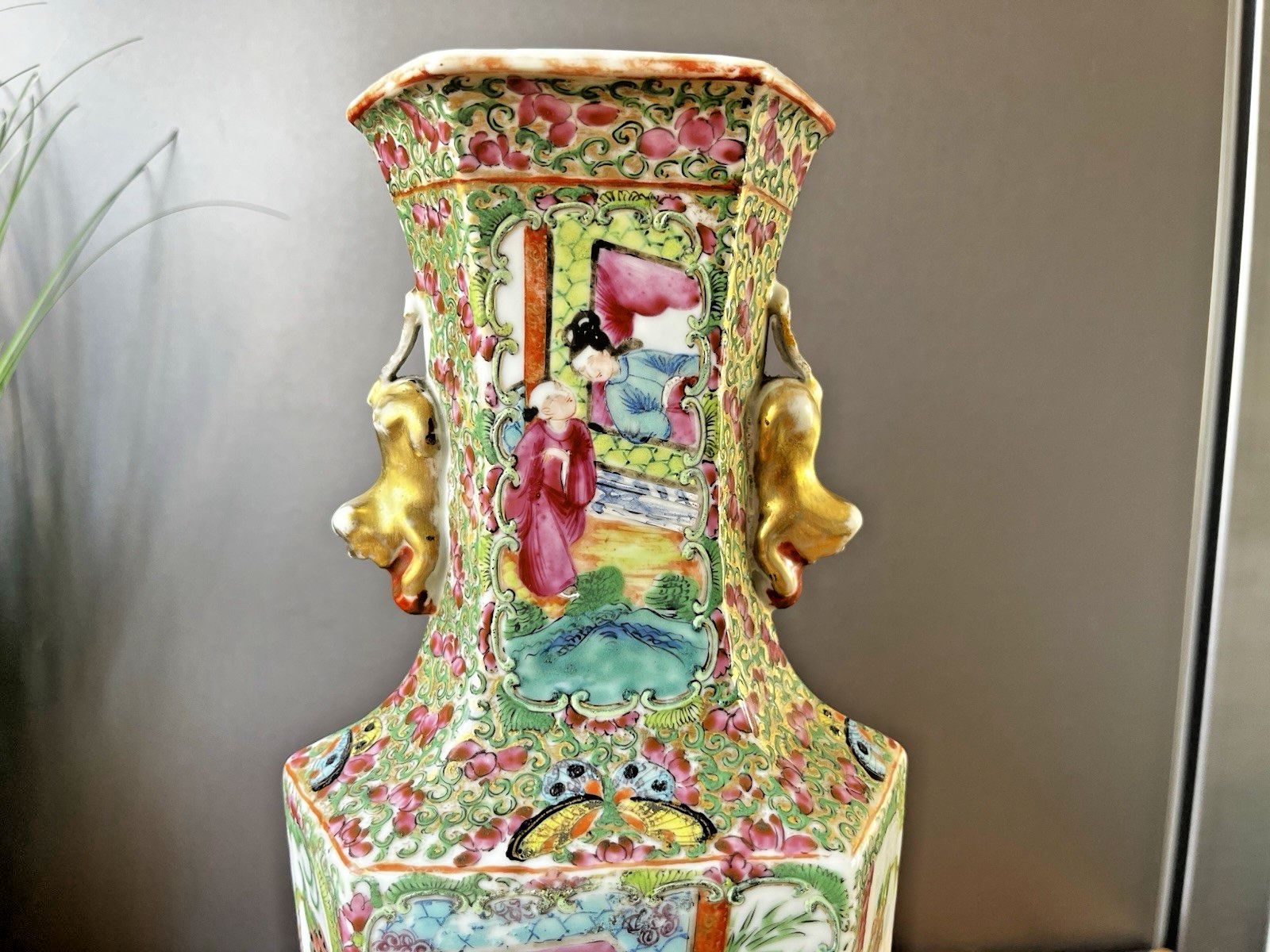 Antique Chinese Famille Rose Hexagonal Vase Figural Bird Butterfly Court Scenes photo Home Decor