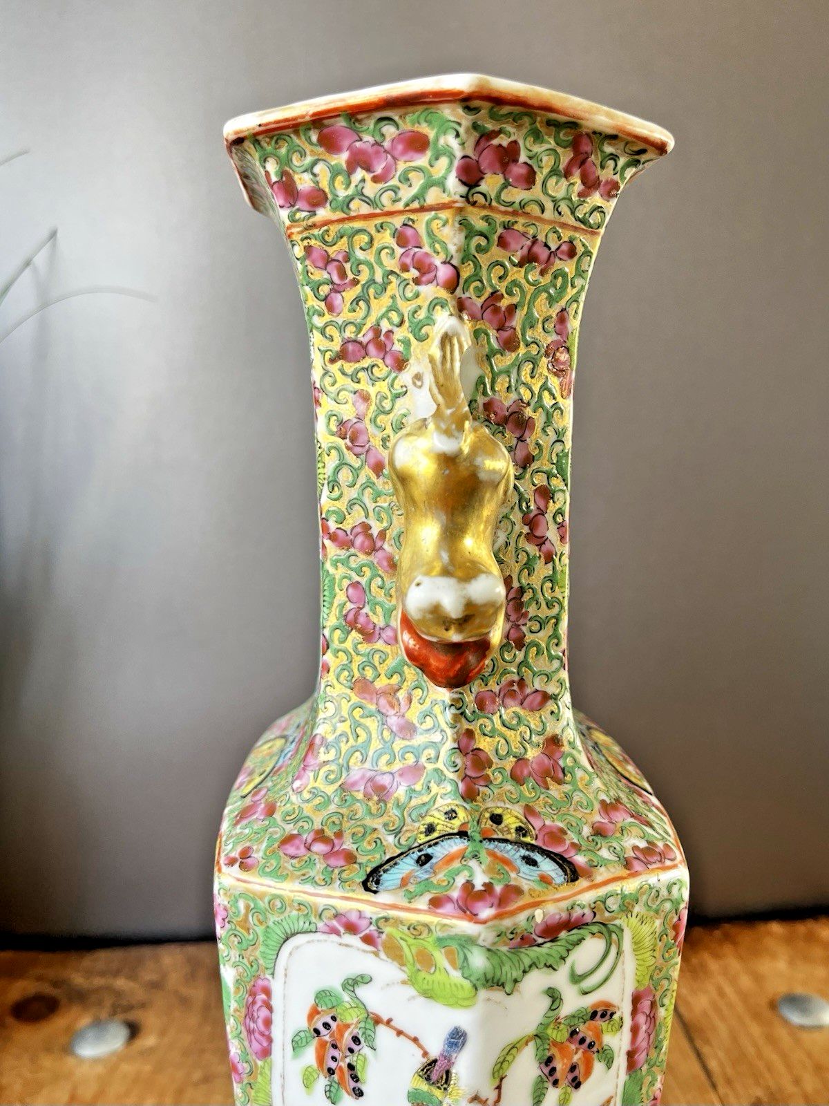 Antique Chinese Famille Rose Hexagonal Vase Figural Bird Butterfly Court Scenes photo buy
