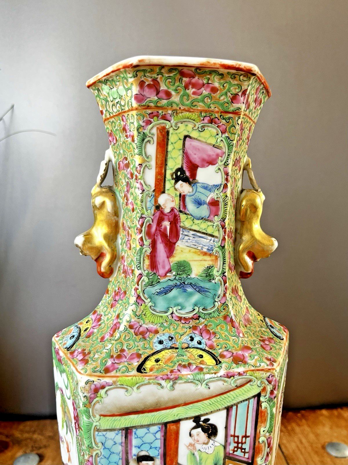 photo for sale Antique Chinese Famille Rose Hexagonal Vase Figural Bird Butterfly Court Scenes