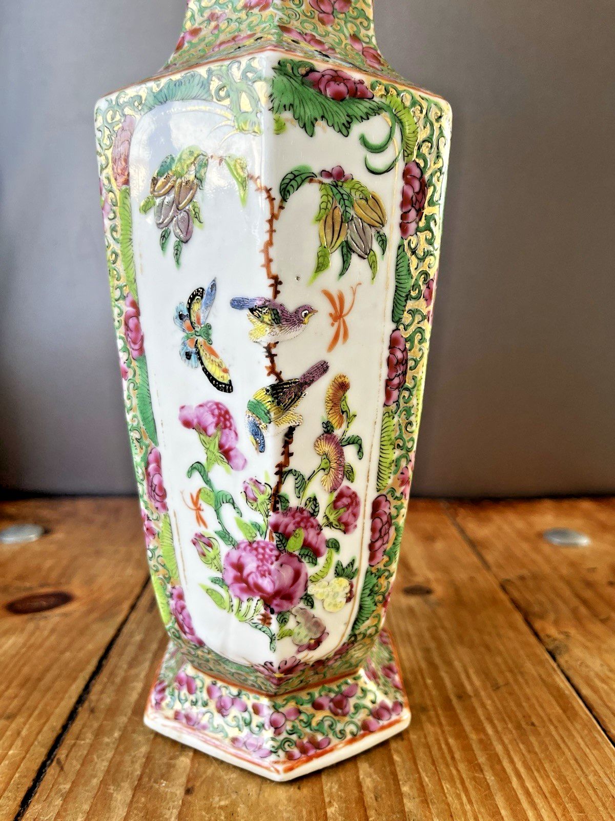 125.0 Antique Chinese Famille Rose Hexagonal Vase Figural Bird Butterfly Court Scenes photo