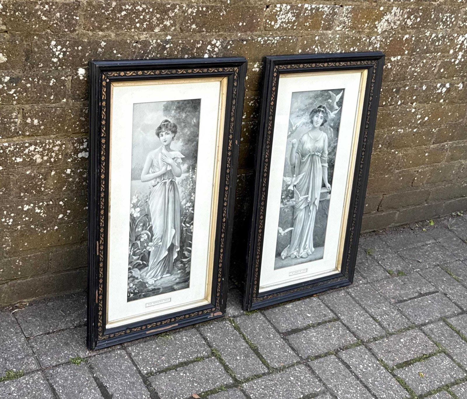 Pair Victorian Ebonised Framed Classical Lady Prints With Gilded Detail