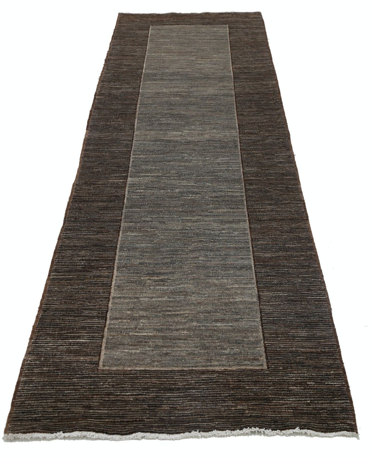 3x9.7 Ft Hand Knotted Brown, Gray Wool Runner Rug. Modern Minimalist Hallway Rug photo for sale