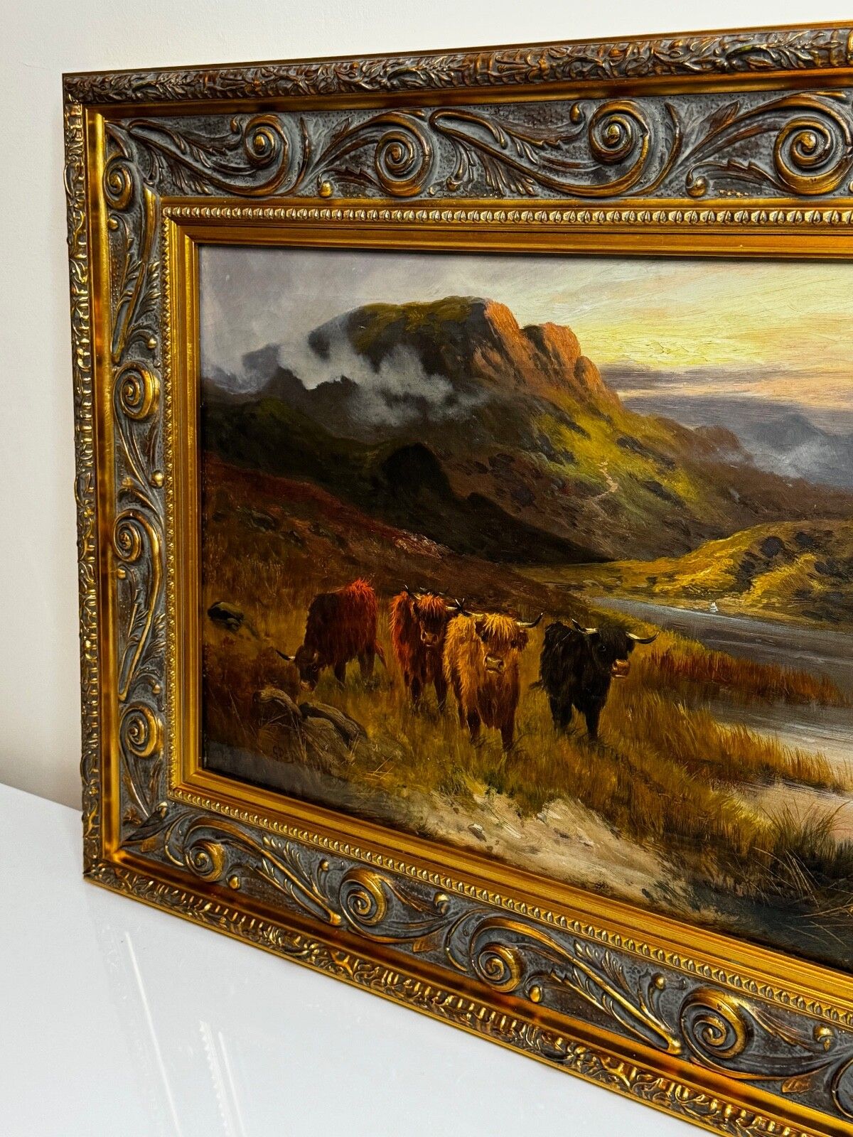 19e-eeuws olieverfchilderij Longhorn Cattle West Scottish Highlands, gesigneerd door Gustave De Brianski photo 7200.0