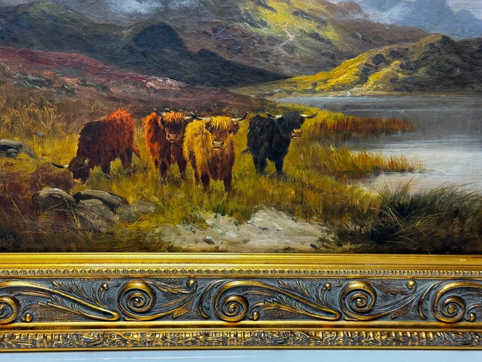 19th Century Oil Painting Longhorn Cattle West Scottish Highlands Signed By Gustave De Brianski photo vinterior