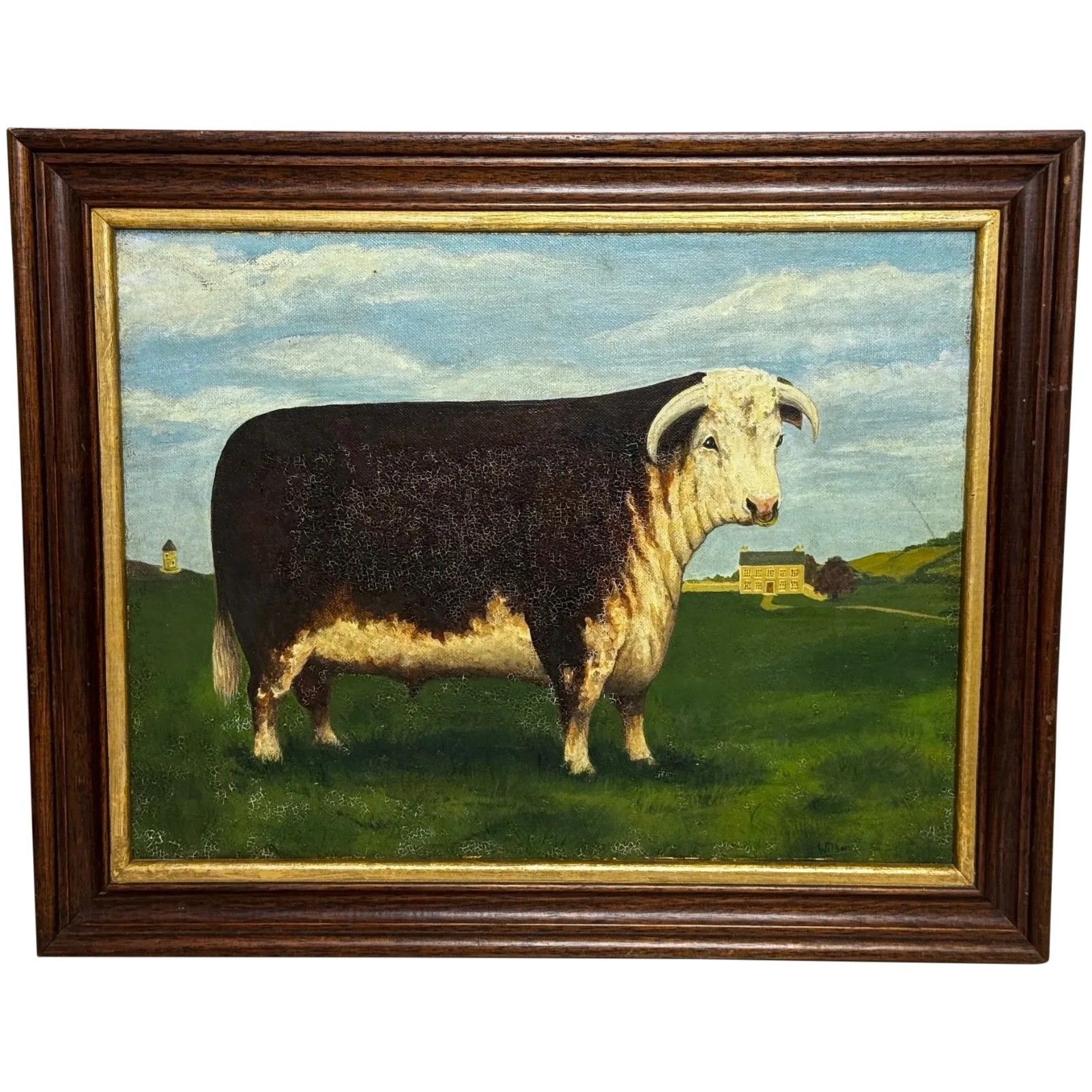 Olieverfschilderij Bekroonde Hereford Stier Pastoraal Landschap in de Stijl van William Henry Davis