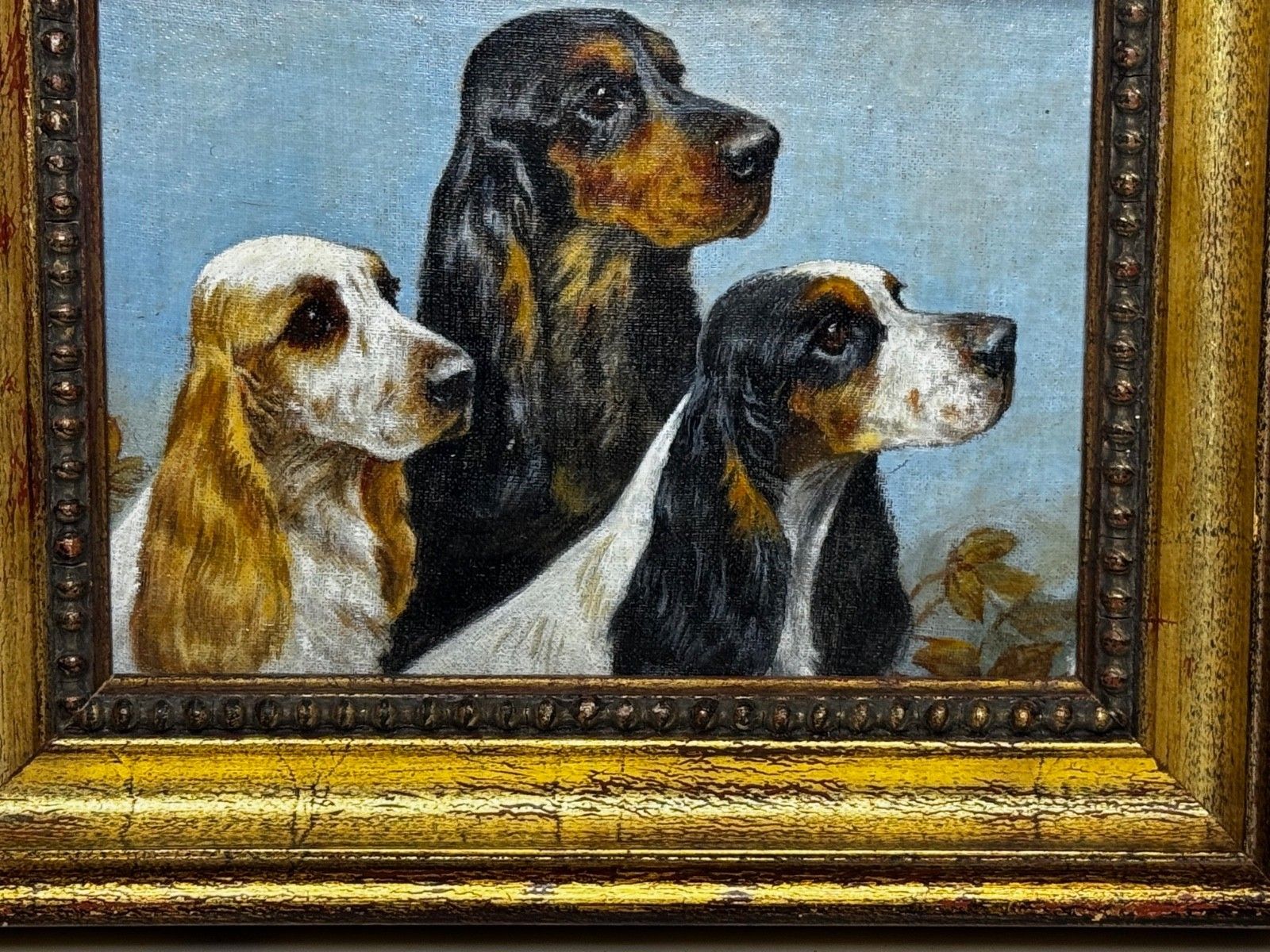 Mid Century dierenschilderij in olieverf, The Faithful Companions, trio van cocker spaniëls, in de stijl van Maud Alice Earl photo for sale
