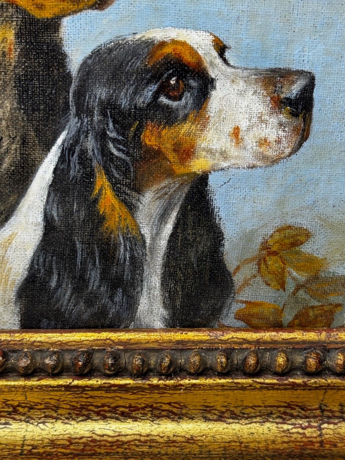 photo for sale Mid Century dierenschilderij in olieverf, The Faithful Companions, trio van cocker spaniëls, in de stijl van Maud Alice Earl