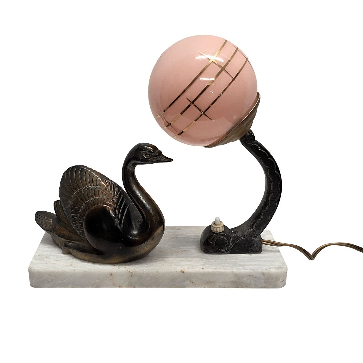 Franse art deco lamp met zwaan op marmeren voet, 1920/30s