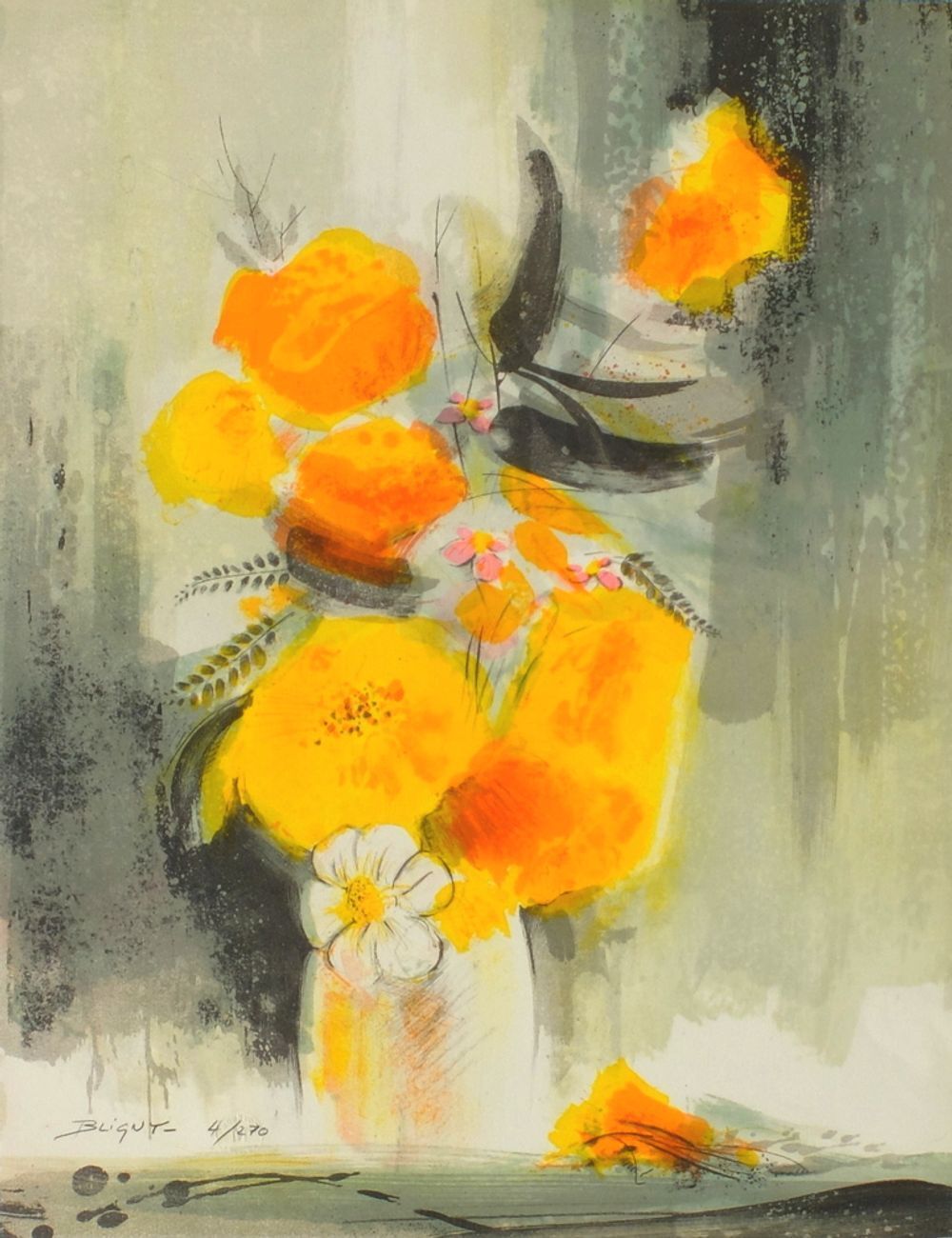 Lithographie signée Jean Claude Bligny, Fleurs Jaunes, 1990
