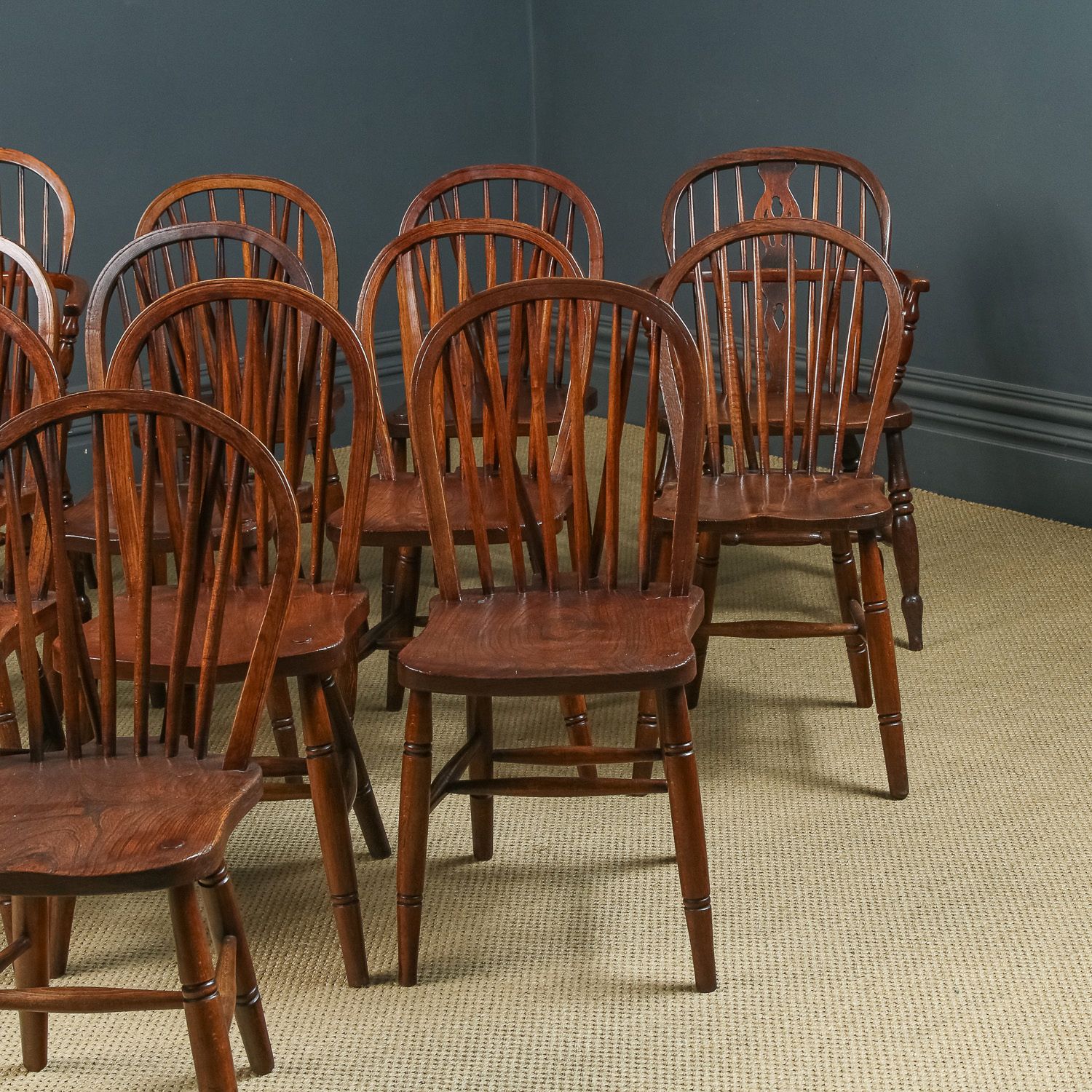 Set Of 12 Twelve Victorian Ash & Elm Windsor Stick & Hoop Back Kitchen Dining Chairs (Circa 1870 – 1930) photo for sale