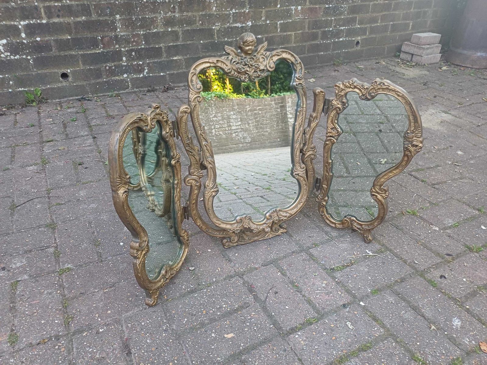 Vintage Atsonia Cherub Triple Dressing Table Mirror Ornate Gold Rococo Vanity Mirror Fine Quality And Weight