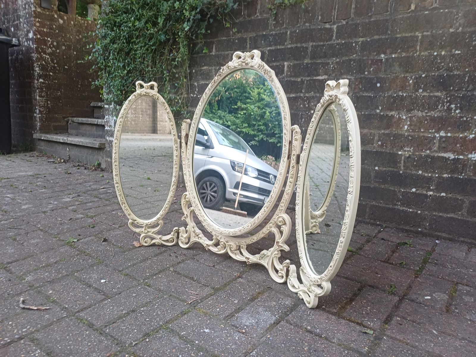 275.0 Unusually Large Vintage Triple Dressing Table Mirror Ornate Cream Gold Ribbon Composite Vanity Mirror Rococo Style Boudoir Mirror photo