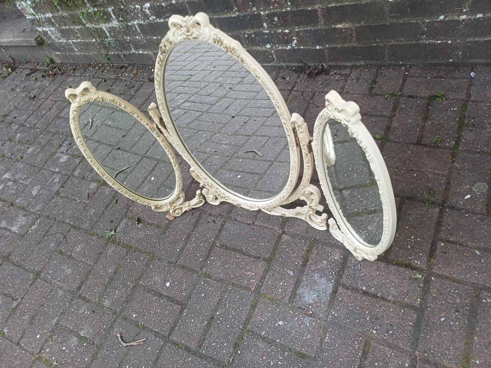 photo buy Unusually Large Vintage Triple Dressing Table Mirror Ornate Cream Gold Ribbon Composite Vanity Mirror Rococo Style Boudoir Mirror