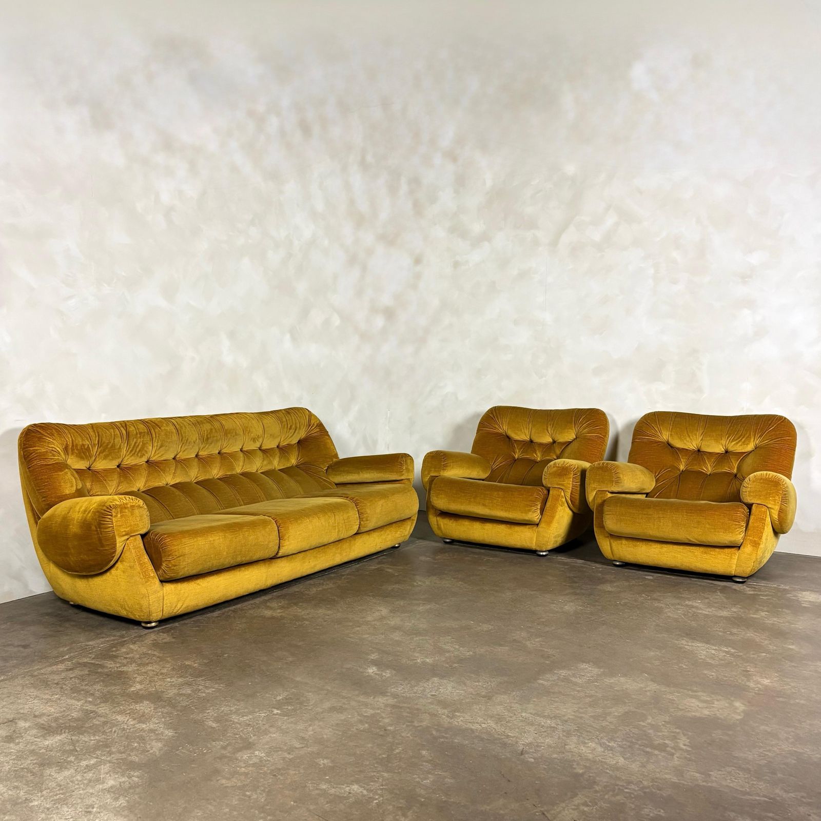 Mid Century G Plan Georgina Yellow Three Seater Sofa & Matching Pair Of Armchairs Yellow Velvet Retro Mcm photo Furniture