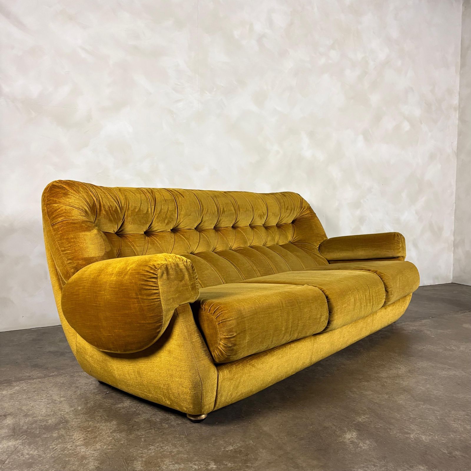 photo furniture Mid Century G Plan Georgina Yellow Three Seater Sofa & Matching Pair Of Armchairs Yellow Velvet Retro Mcm