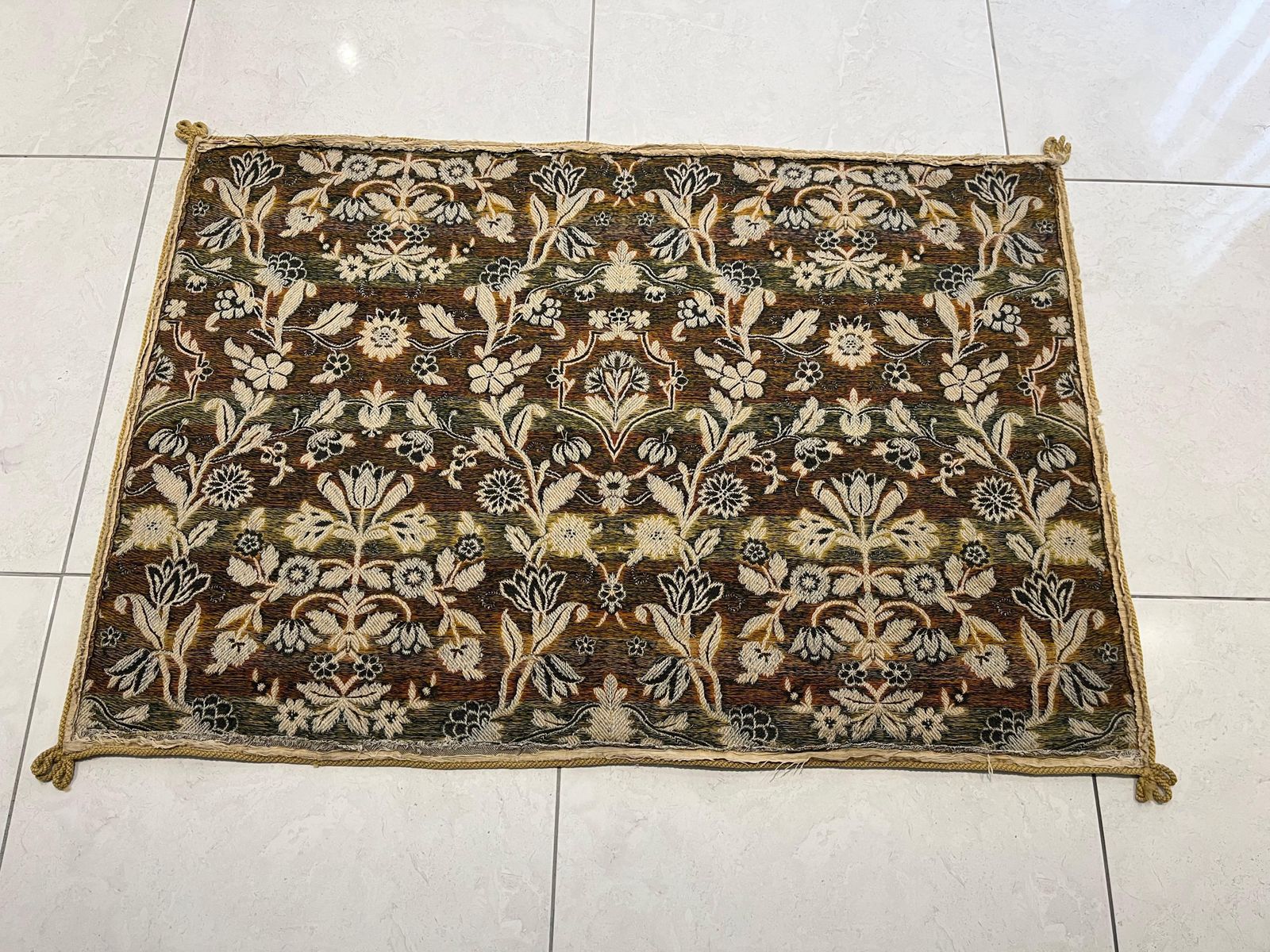 photo furniture Hand Embroidered Floral Throw, Wool On Cotton, Early 20th Century, 50x35.5"